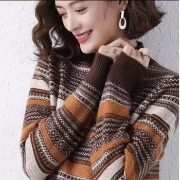 Полосатый осенне-зимний ретро жаккардовый модный женский вязаный свитер-пуловер S