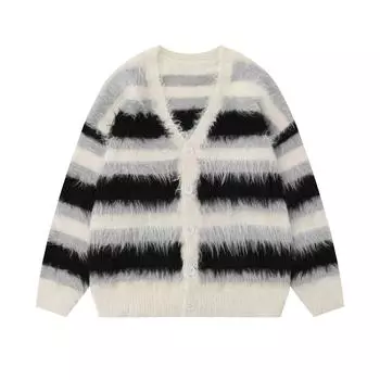 Полосатый плюс бархатный свитер с V-образным вырезом куртка высокого качества осень и зима свободный повседневный свитер свитер мужской Ins Европа и Соединенные Штаты XL чёрный