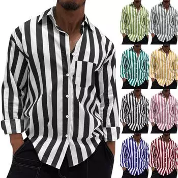 Полосатый повседневный кардиган с лацканами, свободная повседневная рубашка, винтажная мужская рубашка M чёрный