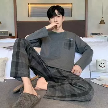 Полосатый принт с круглым вырезом большого размера мужская пижама мода для взрослых мужчин гребенной хлопковой ночной рубашки осень/зима Lounges Y2k M