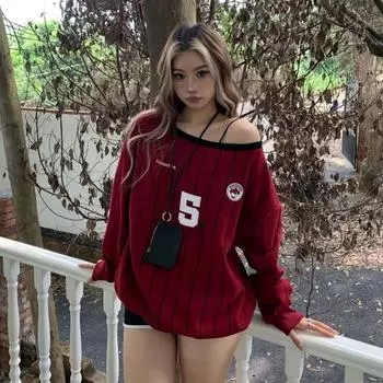 Полосатый принтованный свитер для девочек, облегающий, скошенные плечи, ретро, круглый вырез, весна-осень, длинные рукава XXL белый