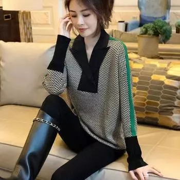 Полосатый пуловер для женщин, нишевый дизайн, вестернизированный базовый вязаный свитер, осенне-зимний свитер, женский пуловер One Size чёрный