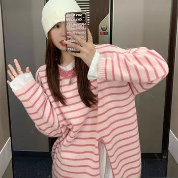Полосатый пуловер контрастного цвета, женский мягкий восковой свитер, нежный дизайн, вязаный низ, пуловер, женский топ