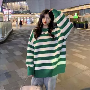 Полосатый пуловер, свитер, женский осенне-зимний теплый новый корейский полосатый свитер с круглым вырезом и цветными блоками, топы, джемпер One Size зелёный