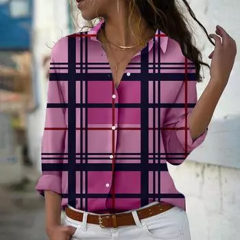 Полосатый сетчатый принт Женская блузка весна осень женская офисная женская рубашка на пуговицах с отложным воротником XS розовый