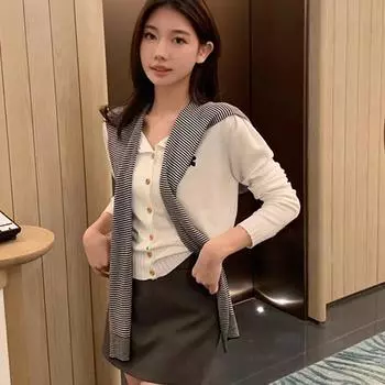 Полосатый шаль вязаный кардиган костюм из двух частей женский свитер повседневные топы красный