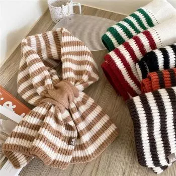 Полосатый шарф с крестом, женский осенне-зимний короткий вязаный теплый шарф коричневый