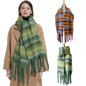 Полосатый шарф с оплеткой и кисточками из пряжи, толстая теплая женская утолщенная круглая модная шаль 215*40cm