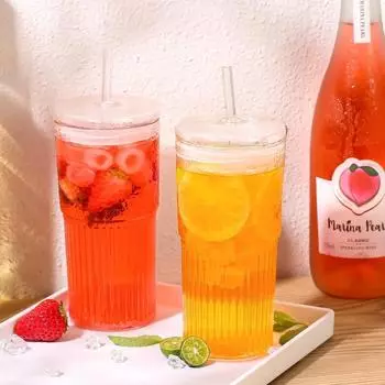 Полосатый стеклянный стакан с крышками и трубочками, стаканы из боросиликатного стекла, прозрачные стаканы для холодного кофе, чашки для чая, воды 650ml