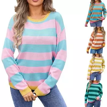 Полосатый свитер большого размера для женщин, осенний свободный вязаный топ с круглым вырезом и длинными рукавами, джемпер с цветными блоками, свитера L розовый
