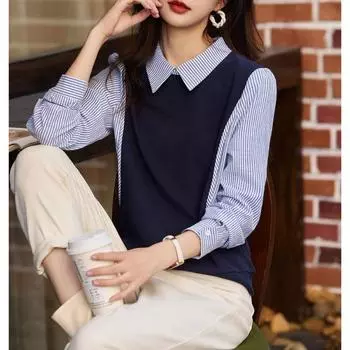 Полосатый свитер-фонарик с длинным рукавом, вязаный повседневный лоскутный свитер, женская одежда, отложной воротник, имитация двух частей, топы L зелёный