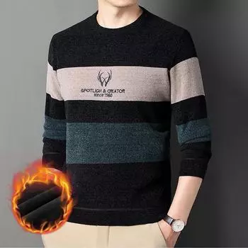 Полосатый свитер из бархата и синели 2024 года для мужчин среднего возраста — теплый и повседневный свободный крой 4XL зелёный