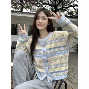 Полосатый свитер куртка 2024 новая женская осенне-зимняя новая женская одежда большого размера fat mm вязаный низ кардиган верх S синий
