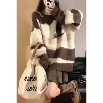 Полосатый свитер оверсайз в стиле ретро, женский вязаный джемпер в стиле Харадзюку, винтажный свободный универсальный шикарный пуловер, топы, уличная одежда Y2K S