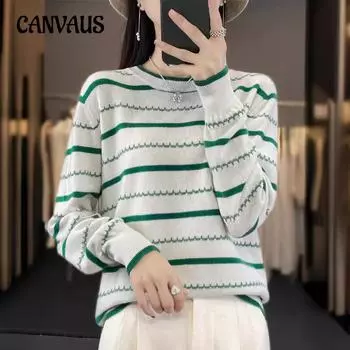 Полосатый свитер с длинными рукавами, женский осенне-зимний трикотаж с круглым вырезом S чёрный