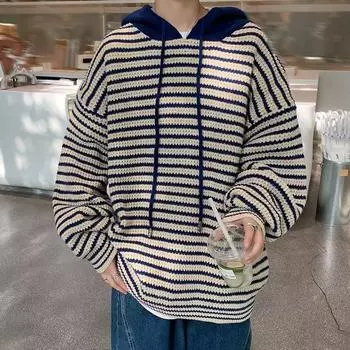 Полосатый свитер с капюшоном для мужчин, осень, новый дизайн, свободный свитер в корейском стиле для ленивых мужчин M