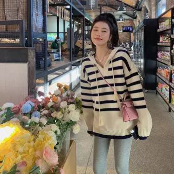 Полосатый свитер с капюшоном для женщин на осень и зиму, свободный пуловер в стиле ретро, мягкий и восковой вязаный свитер с длинными рукавами, топ