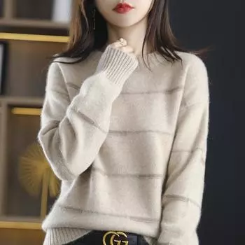 Полосатый свитер с круглым вырезом для женщин, осень и зима, новый свободный темперамент, универсальный базовый трикотажный свитер M верблюд