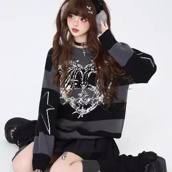 Полосатый свитер с принтом «Череп, сердце, любовь» в стиле готики, винтажные пуловеры со звездами 2000 года, вязаный топ S чёрный