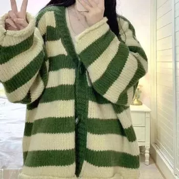 Полосатый свитер с v-образным вырезом, кардиган, женское пальто 2023, осень/зима, корейский вязаный кардиган, топ, академический милый свободный женский свитер One Size зелёный