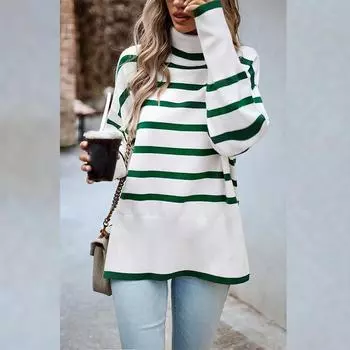 Полосатый свитер с высоким воротником, женский гладкий свободный топ, повседневный вязаный пуловер S белый