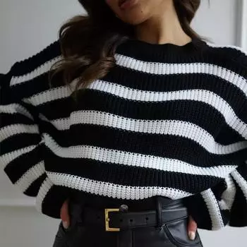 Полосатый свитер свободный трикотажный пуловер с длинными рукавами толстый свитер женский большой размер круглый вырез трикотаж осень S чёрный