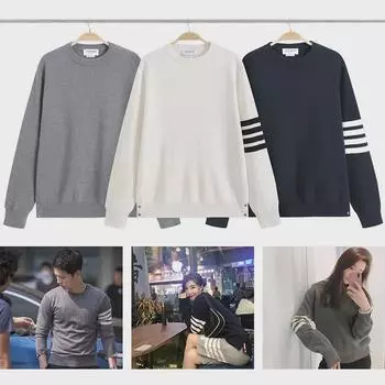 Полосатый свитер в стиле колледжа TB осень/зима: Модный, Свободный, Круглый вырез, Унисекс Extra Large (XL) темно-синий