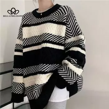 Полосатый свитер, женский осенне-зимний модный свободный пуловер, верхняя одежда, вязаный свитер, топ, корейские универсальные шикарные топы one size чёрный