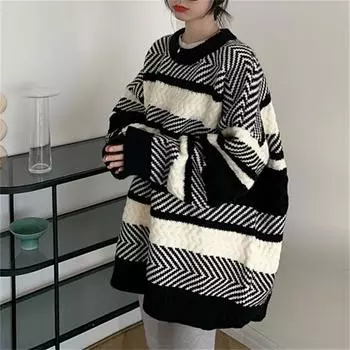 Полосатый свитер женский осенне-зимний свободный пуловер ленивый ветрозащитный тонкий вязаный свитер топ шикарное пальто ранней осени One size