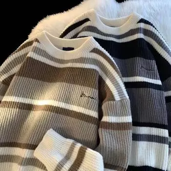 Полосатый свитер, женский осенне-зимний свободный удобный вязаный свитер с круглым вырезом, повседневный эластичный пуловер, топы M чёрный