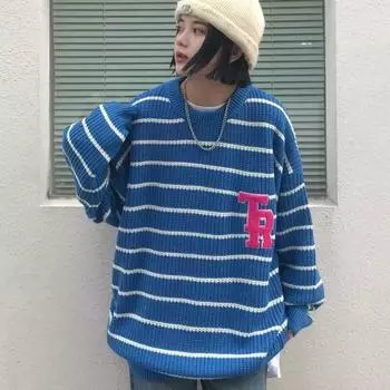 Полосатый свитер, женский свободный пуловер большого размера, вязаные джемперы с буквенным принтом, уличная одежда, топы в стиле Харадзюку с длинными рукавами M белый