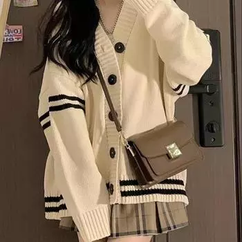 Полосатый свободный кардиган женский Y2K винтажный осенне-зимний однобортный свитер уличная повседневная корейская женская вязаная куртка One Size белый