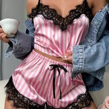 Полосатый тонкий плечевой ремень модный дизайн пижамы комплект, без внутренней одежды, женская сексуальная одежда S