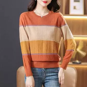 Полосатый тонкий трикотажный свитер, осенний женский свитер с круглым вырезом и цветными блоками, женский базовый слой One size оранжевый