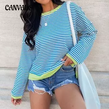 Полосатый топ-клобук с круглым вырезом, осенний пуловер в стиле пэчворк, свободная повседневная толстовка S синий