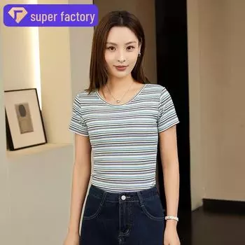 Полосатый топ с подкладкой, открытой спиной и короткими рукавами - дышащая летняя одежда M