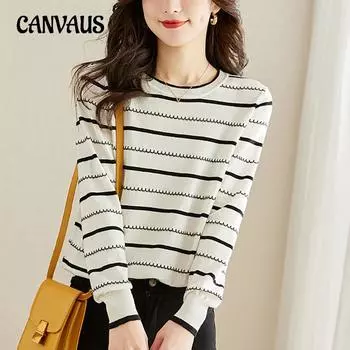 Полосатый трикотаж женский с длинными рукавами весна-осень нижняя рубашка свободные женственные топы M