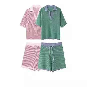 Полосатый трикотажный лацкан футболка шорты комплект женские свободные короткие рукава свитера на шнуровке короткие брюки леди шикарные повседневные наряды L