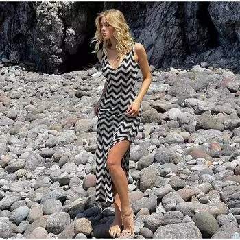 Полосатый трикотажный слинг женское длинное платье с V-образным вырезом контрастная спинка без рукавов тонкие женские халаты S