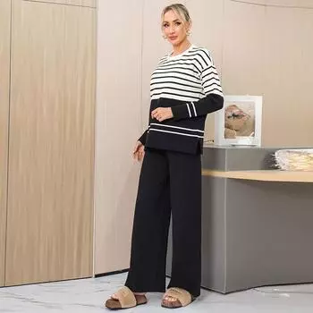 Полосатый трикотажный свитер из двух частей с круглым вырезом, свободный повседневный модный костюм для женщин One Size чёрный