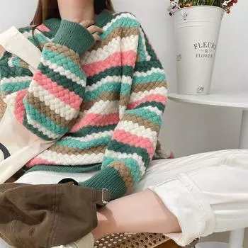 Полосатый утепленный зимний свитер, женский осенний модный красочный свободный джемпер большого размера с круглым вырезом и длинными рукавами, свободные пуловеры One size зелёный
