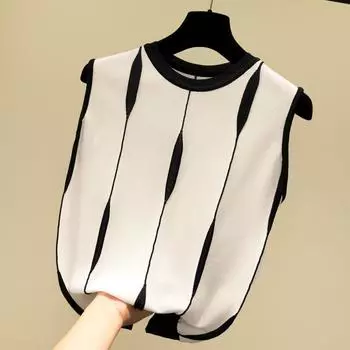 Полосатый винтажный шикарный O-образный вырез трикотажный женский жилет без рукавов модная легкая летняя майка XL белый