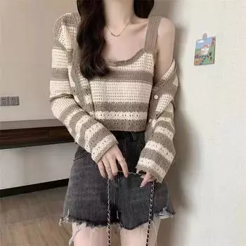 Полосатый вязаный кардиган для женщин, смысл дизайна, чистое желание, летний и осенний комплект из двух предметов, свитер, кардиган, женский One Size чёрный