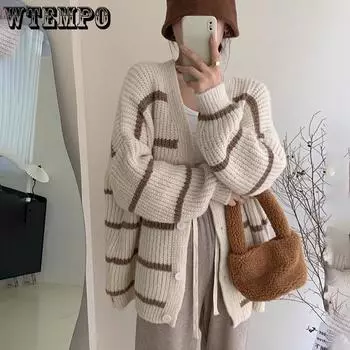 Полосатый вязаный кардиган, милый цветной дизайн, женский свитер с v-образным вырезом, тонкая повседневная теплая куртка, однорядная пряжка, корейская мода, осень и зима One Size синий
