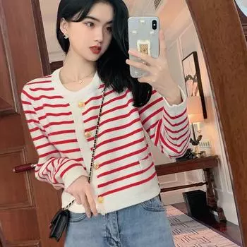Полосатый вязаный кардиган с круглым вырезом и длинными рукавами, женский свободный короткий свитер, пальто, женское повседневное пальто One Size красный