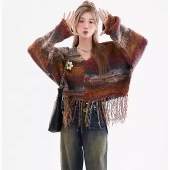 Полосатый вязаный кардиган с v-образным вырезом и бахромой женский, новинка 2023 года, пальто для женщин, весенний уникальный свитер с длинными рукавами, кардиган, женский топ One Size синий