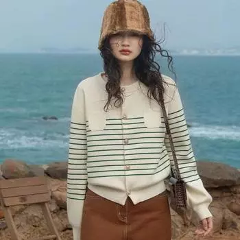 Полосатый вязаный кардиган, винтажный французский свитер с круглым вырезом, пальто, женский топ, ранняя осень, короткий свитер с подкладкой, женский кардиган One Size зелёный