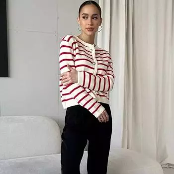 Полосатый вязаный кардиган женский осенний круглый вырез короткий свитер куртка удобный универсальный и модный S красный