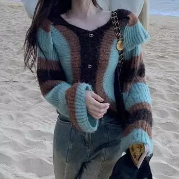 Полосатый вязаный кардиган, женский свитер, куртка, винтажный короткий кардиган с v-образным вырезом, женский осенний элегантный повседневный теплый трикотаж 28932 S орион