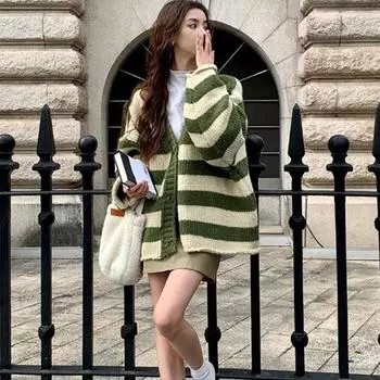Полосатый вязаный кардиган женский весенне-осенний корейский дизайн свободный свитер мягкий клейкий топ свитер женский кардиган One Size зелёный